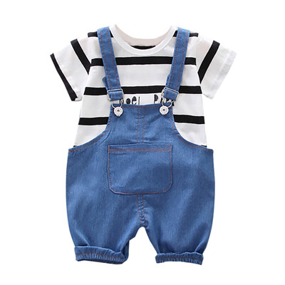 

Boy Shorts Set Sleeve Stripe Letter Print Tops Blouse Shirt Denim Suspender Pants Children Casual Outfits Sets