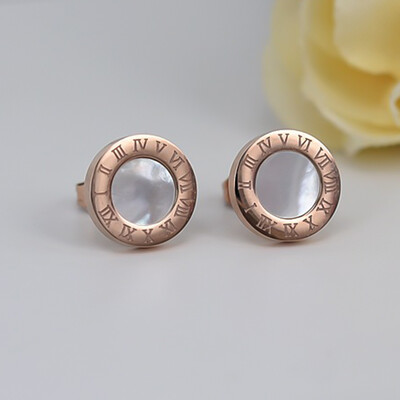 

Rose Gold Stainless Steel Roman Numeral Brand Stud Earrings For Women High Quality Shell Earrings Fashion Jewelry