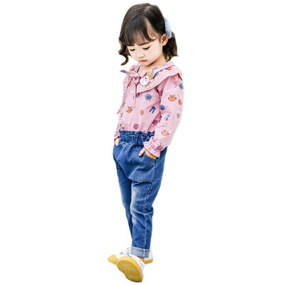 

Girls Clothing Sets Autumn Floral Print Blouse TopsDenim Pants 2 PCS Long Sleeve Children Set Girl Clothes Suit Casual Outfits
