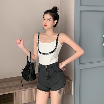 

Camisole Womens Leaky Shoulder Letter Print Fashion Personality Beach Wind Knitting Material Comfortable Breathable