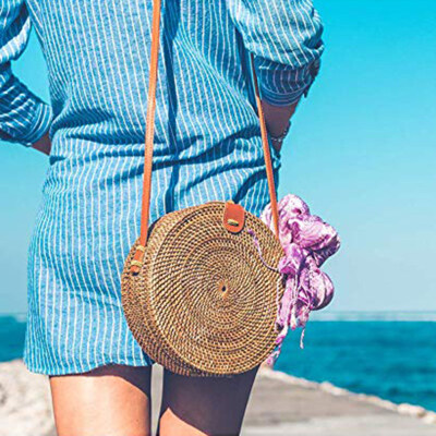 

Beach Round Rattan Handmade Wicker Woven Crossbody Handbag Women Shoulder Bag