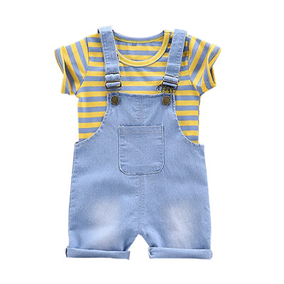 

Summer Baby Clothes Baby Boys Girls Short Sleeve Striped Print Tops Blouse ShirtDenim Strap Shorts Casual Outfits Sets