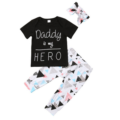 

New Arrival Children Clothing Set Short Sleeve Letter Cotton Black T shirt TopsLong Pantshairband Clothes Set
