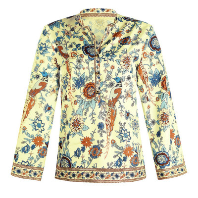 

Women Vintage Ethnic Peacock Bird Floral Print Shirt O-Neck Buttons Fashion Women Long Sleeve Autumn Blouse Loose Tops