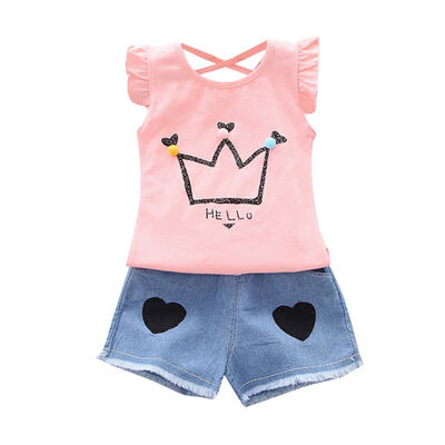 

Summer Girls Clothes Set Cotton Denim Shorts Casual Crown Pattern Sleeveless Tops VestShorts Suits Costume Set