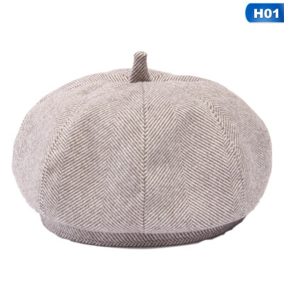 

Simple Women Wool beret For Elegant lady Winter Female Cotton Hats Plaid Vintage Octagonal Casual Cap