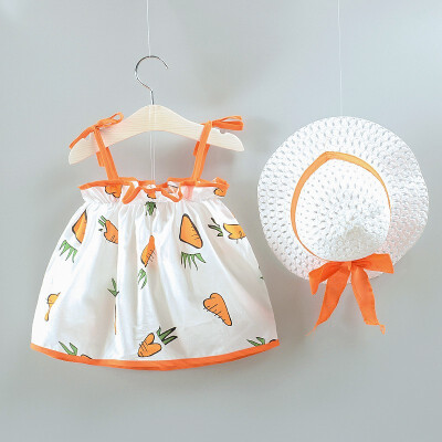 

Summer Girls Cartoon Print Bow Princess Cute Sweet Sleeveless Sling Cotton Dress With Hat 2pcs 0-24M Cute Newborn Baby Clothes