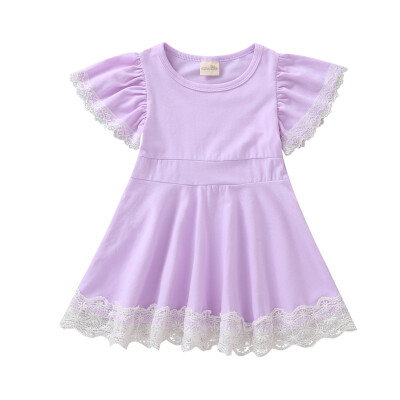 

Summer Children Girls Fashion Brief Style Dress Cute Baby Girl Solid Color Lace Short Sleeve Princess Dress