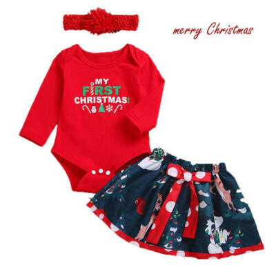 

MY FIRST CHRISTMAS Baby Girls Outfits Tops RomperTutu Skirts Headband Set Dress