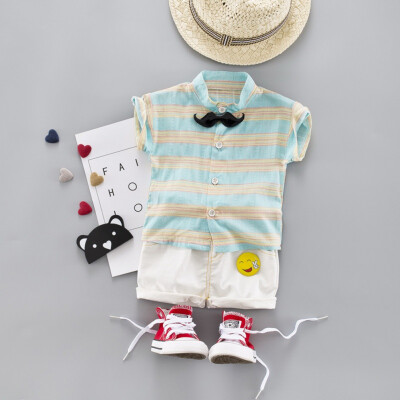 

2PcsSet Summer Baby Boys Short Sleeve Cotton Striped Print Tops Blouse T-shirtShorts Casual Outfits Sets