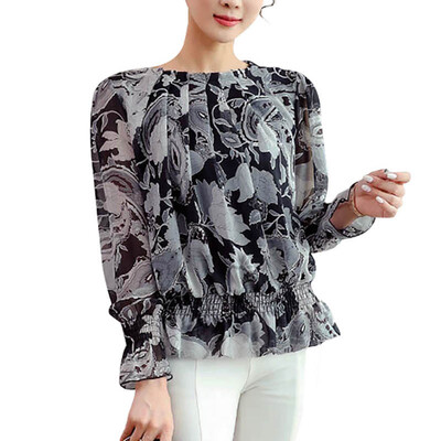 

2019 Top Women Summer Vintage Versatile Stand Collar Printed Loose Solid Color Lantern Sleeve Casual Wild Tops Blouse Blusas