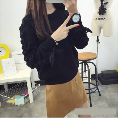 

The 2018 autumn winter Korean version of the new all-matching pure color sleeves with bow knitted pullover sweater