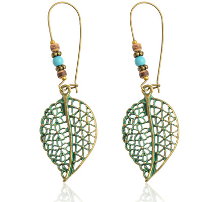 

Vintage Hollow Leaf Beaded Earrings Long Dangle Drop Fashion Women Jewelry Gift