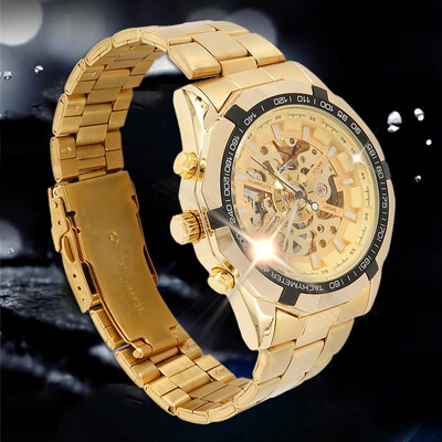 

Luxury Mens Stainless Steel Gold Tone Skeleton Automatic Mechanical Wrist Watch