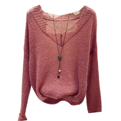 

Autumn New Loose Casual Solid Color Hollow Sweater Korean Style Long-sleeved V-neck Women Knit Pullover Ladies Tops