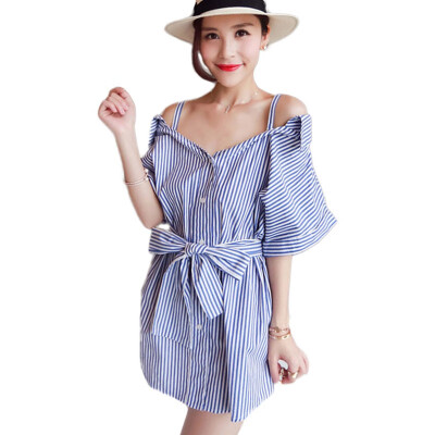 

Women Striped Off Shoulder Shirt V Neck Silm Bow Waist Mid-long Shirts Button Blue&White Vertical Stripes Shirt -2XL