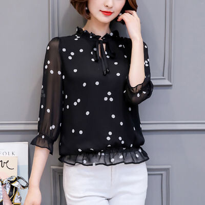 

Vintage Long Sleeve Women Blouse And Tops Polka Dot Bow Lace Bottoming Loose Chiffon Blouse Polyester Casual Tops Spring Summer