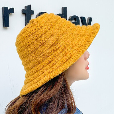 

The new Korean winter 2019 purchasing womens warm knit Joker foldable striped solid color fisherman hat basin hat