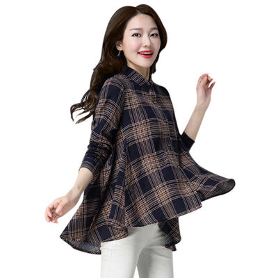 

Blouse women Loose Plaid Print Irregular blusas mujer de moda 2019 Hem Long Sleeve Lapel Button Casual Shirt blouse