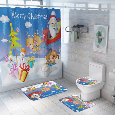 

Tailored Santa Christmas Print Toilet Bathroom Mat And Shower Curtain Four-Piece Set