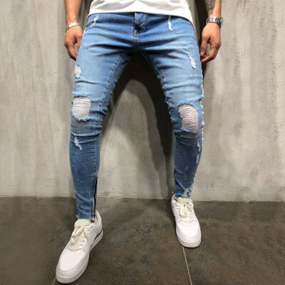 

Gobestart Mens Fashion Casual Denim Straight Hole Trouser Distressed Jeans Long Pants