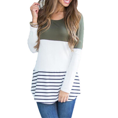 

Plus Size Color Block Striped Lace Patchwork Long Sleeve T-Shirt Women Tunic Top