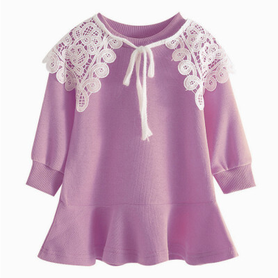 

Children Autumn Dress Girls Cute Solid Color Lace Doll Collar Princess Long-Sleeved Sweet Princess Dress