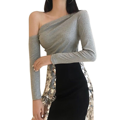 

Autumn Long Sleeve T Shirt Women Sexy Off Shoulder Tops Female Casual Solid Color T-Shirt Black Grey Slim Tee Shirt Femme