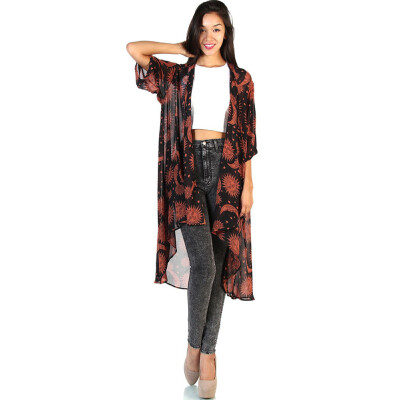 

New Women Chiffon Kimono Print Asymmetric Hem Loose Cardigan Blouse Outerwear Beachwear Bikini Cover Up Red