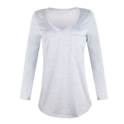 

Sexy Women Solid Color Deep V Long Sleeve Top Front Pocket Loose Tunic T-shirt