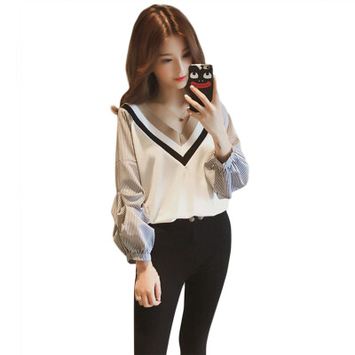 

striped v collar lantern long sleeves blouse sexy patchwork shirts casual cotton blouse fashion women blusas spring autumn