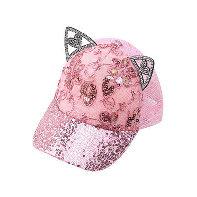 

New Girls Children Sequins Print Caps Hats Child Adjustable Sun Protection Casual Cat Ear Design Visors
