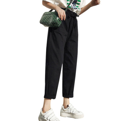 

Korean Style Elastic High Waist Solid Casual Pockets Cargo Pants