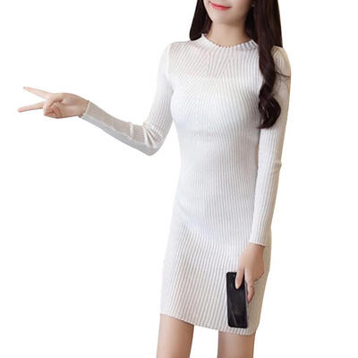 

Women Knit Slim Autumn Winter Long Sleeve Dress Women Hip Sweaters Solid Color Long Tops Dress