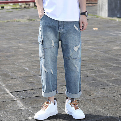 

Gobestart Mens New Fashion Summer Casual Fold Straight Loose Hole Jeans Long Pants