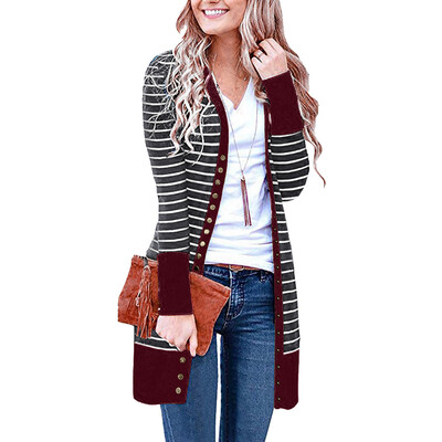 

Toponeto Women Casual Long Sleeve Stripe Patchwork Long Cardigan Tops Blouse Coat