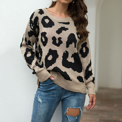 

Womens Crew Neck Leopard Boxy Pullover Sweater Tops
