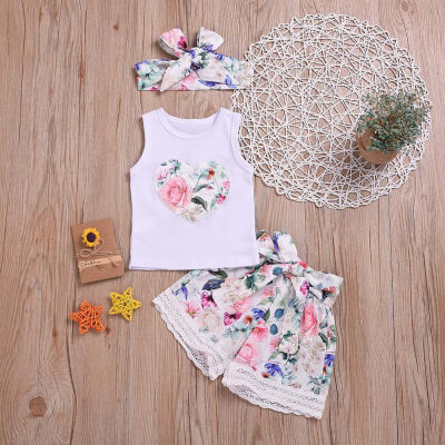 

Summer Baby Girls Sleevless Floral Print Vest TopsShorts Suits With Headband Casual Outfits Sets