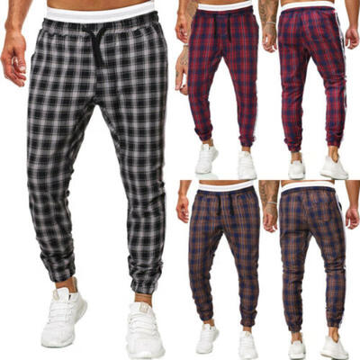 

Mens Skinny Plaid Long Trousers Jogger Straight Leg Pencil Casual Checked Pants