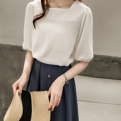 

2019 Womens Simple Loose Blouse Square Collar Lantern Half-Sleeve Shirt Solid Chiffon Basic Blouse Fashion Office Ladies Shirt