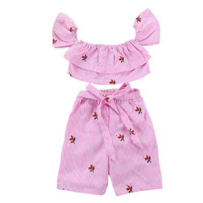 

Kids Sets Baby Girls Summer Suits Cotton Striped Patterns Off-shoulder TopsShorts Girls Clothing