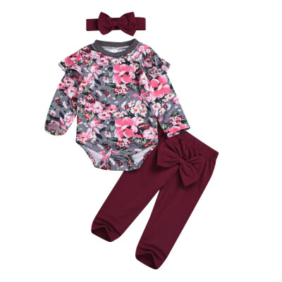 

Spring Newborn Infant Baby Girl Clothes Set 3PCS Long Sleeve Floral Romper TopsPantsHeadband Baby Clothes