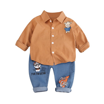 

Autumn Kids Clothes Baby Boys Clothes Casual Long Sleeve Cartoon Pig Print Blouse TopsDenim Pants Trouser Set