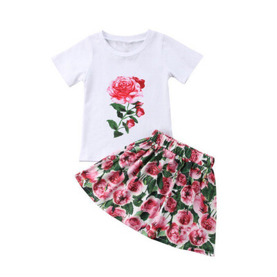 

Girls Sets Fashion Summer Baby Girls T-shirt Shorts Skirt Set Rose Floral Print Casual T-shirt Dress Girls Clothes Set