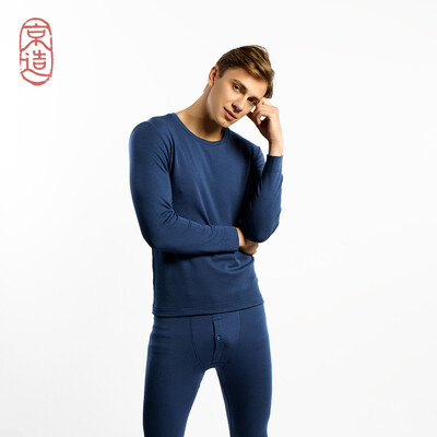 

JZAO mens thermal underwear wool thickening autumn clothes long pants warm suit sea dark blue round neck M code