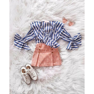 

Toddler Kids Baby Girl Ruffle Tops Stripe T Shirt Polka Dot Skirt Outfit Clothes