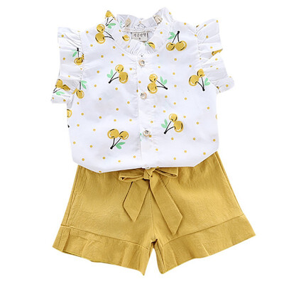 

Baby Girls Clothes Summer 2pcs Children Clothing Fashion Flare Sleeve Cherry Print T-shirt TopsShorts Costume Set