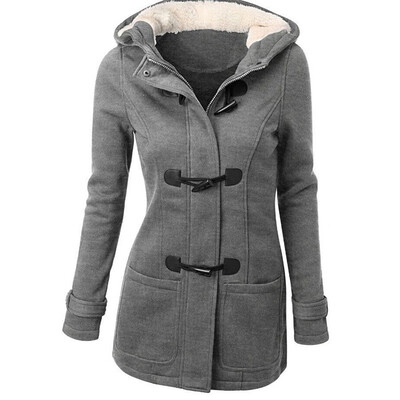 

Hooded Winter Women Thick Coat Cotton Jacket Casual Solid Color Fashion Long Horn Button Female Coat