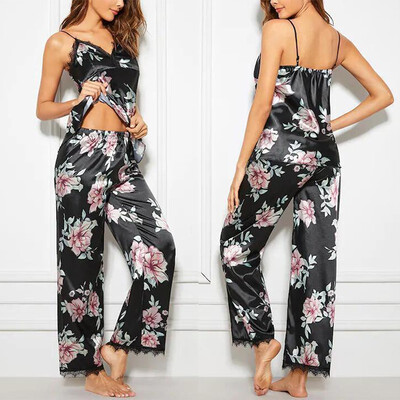 

Women Floral Pjamas Sets Female Tank TopsLong Pants Satin Sexy Sleepwear Outfits Nightwear Clothes