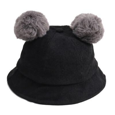 

Baby Hat Girl Baby Hat 2018 Autumn Winter Cute Double Pompon Children Winter Warm Corduroy Solid Color Basin Cap